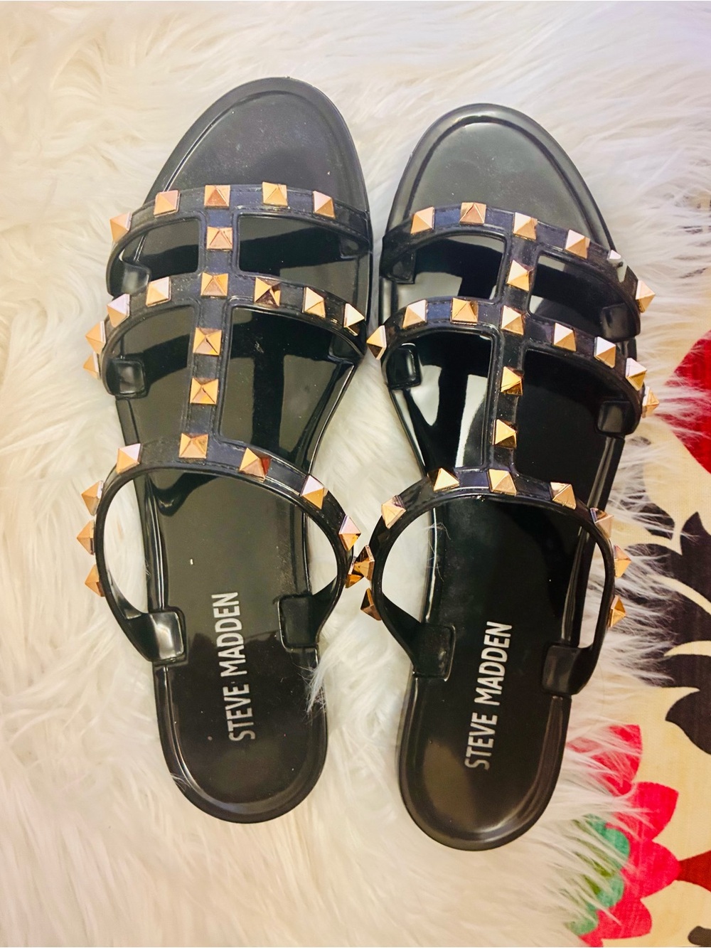 Steve Madden Black Patent Studded Slide Sandals